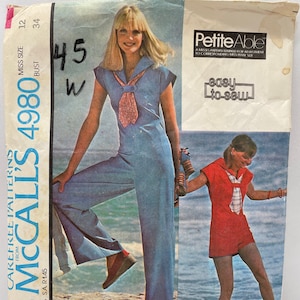 Vintage 70er Jahre McCall&#39;s 4980 Langer oder Kurzer Overall mit Seemannskragen und Schal-Schnittmuster Größe 12 Büste 34 Schnitt und Komplett