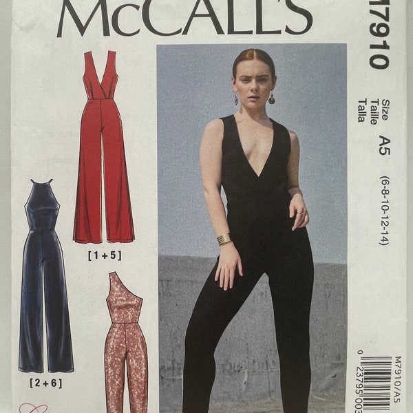 McCall's 7910 One Shoulder, Surplice, or Halter Jumpsuit Sewing Pattern Size 6 8 10 12 14 Uncut FF