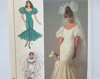 Vintage 80s Simplicity 8425 Fitted Lined Bride and Bridesmaid Dress with Full Circular Skirt Sewing Pattern Size 6 8 UNCUT