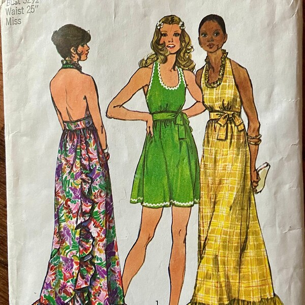 Simplicity 5683 Vintage 1973 Sewing Pattern Misses' Back Wrap and Tie Dress Size 10 Bust 32.5” Cut Complete (cut short- extensions present)