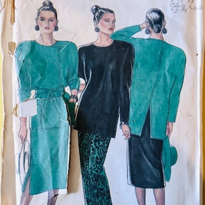 May include: Vintage New Look sewing pattern 6848 featuring illustrations of three women in 1980s fashion. The designs include a teal skirt suit, a black tunic with patterned pants, and a teal jacket over a black skirt. The pattern's date is 8-18-88.
