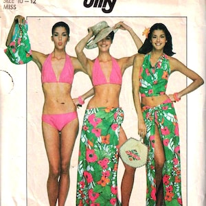 Simplicity 8064 Misses&#39; Wrap Skirt, Bikini, Halter Top or Bag Modeled by Janice Dickinson Vintage 70s Sewing Pattern Size 10 12 COMPLETE
