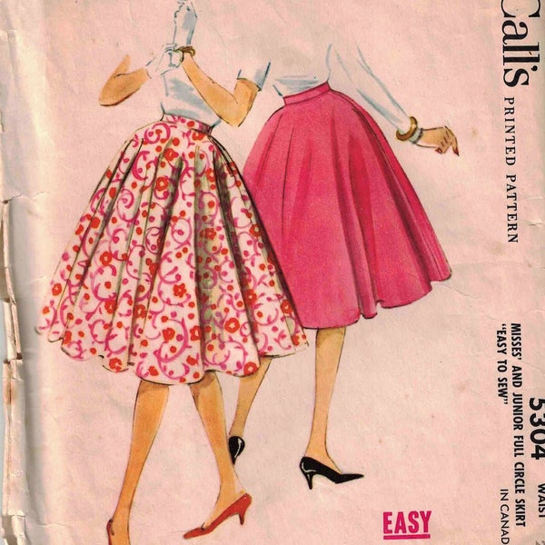 McCall's 5304  Vintage 1959 Sewing Pattern Misses' and Juniors Full Circle Skirt  Waist 24"  Uncut Complete