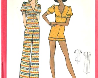 Butterick 6574 Junior Petite Jumpsuit Romper with Deep V-neck and Mock Band Cuffs Original 70’s Sewing Pattern Size 5JP Bust 31 Uncut FF