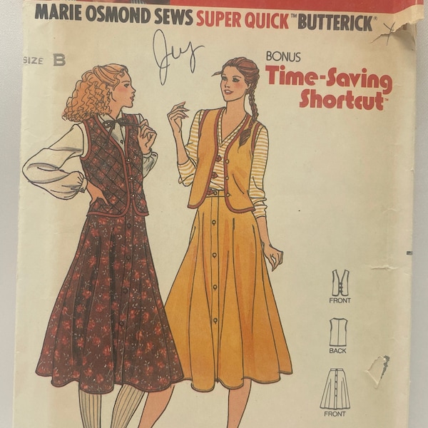 Vintage 70s Butterick 6655 Marie Osmond Super Quick Vest and Flared Skirt Sewing Pattern Size 10 12 14 Bust 32 1/2 34 36 Uncut FF