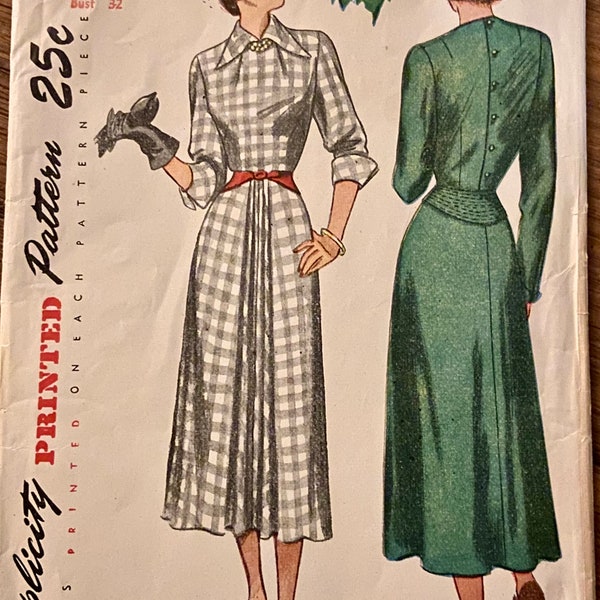 Simplicity 2619 Vintage 1948 Sewing Pattern One-Piece Dress Dart Fitted Bodice Pleated Skirt Size 14 Bust 32” Uncut Factory Folded