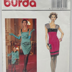 May include: Burda sewing pattern number 4645 for a dress with two different styles. The pattern includes instructions for sizes 34-44 and 8-18. The image shows a model wearing a teal dress with a bow and a model wearing a pink dress with black trim.