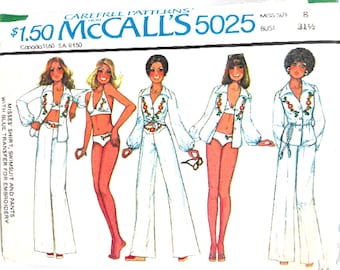 May include: A sewing pattern for a shirt, swimsuit, and pants. The pattern is from McCall's and the number is 5025. The pattern is for sizes 8 and 31 1/2 bust. The pattern includes a blue transfer for embroidery.