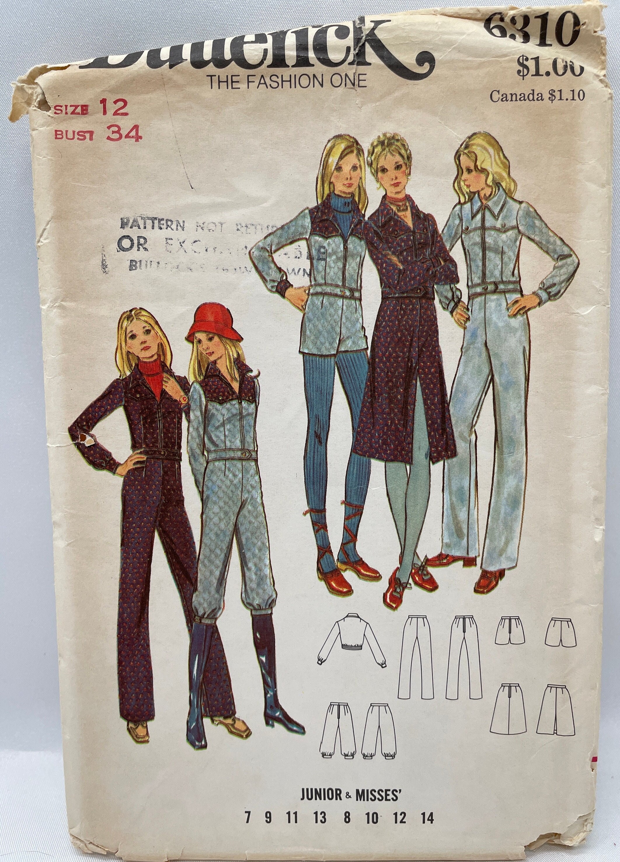 Butterick 6310 Jacket, Pants, Shorts, Knickers & Skirt Vintage 70s Sewing Pattern Size 12 Bust 34 Uncut FF