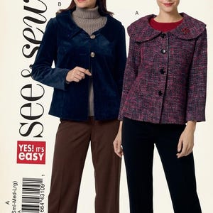 May include: A sewing pattern showing two jacket designs. One is a navy blue velvet jacket with large buttons, and the other is a tweed jacket with a rounded collar. The pattern includes the text "see & sew" and "YES! It's easy".