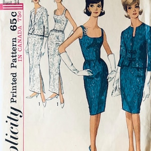 May include: A Simplicity sewing pattern envelope 5658 for a miss size 14, bust 34. The illustration shows four figures wearing two variations of a dress and jacket ensemble in blue and white, featuring sleeveless dresses, long skirts, and jackets.