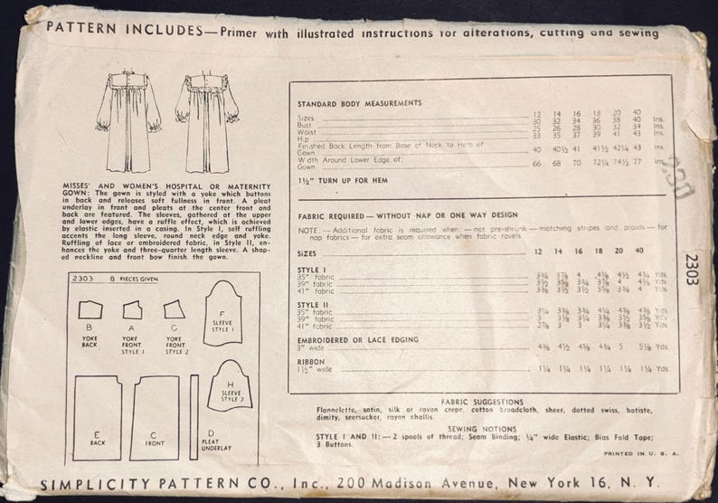 Puede incluir: Patr&oacute;n de costura Simplicity vintage para un vestido de hospital o maternidad para mujeres. Incluye instrucciones ilustradas para alteraciones, corte y costura. Con diagramas y requisitos de tela.
