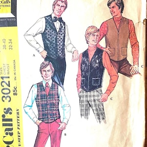 May include: A vintage McCall's 3021 sewing pattern for men's vests. The illustration features three vest designs: floral, plaid, and solid. The pattern includes chest sizes 96.5-101.6 cm and waist sizes 81.3-86.4 cm.