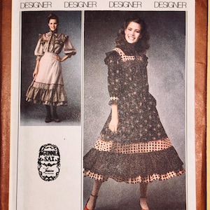 May include: Simplicity pattern 8728 showing two vintage dress designs. The pattern includes a size 12 Miss dress with floral and dotted patterns. The image also displays the Gunne Sax logo.