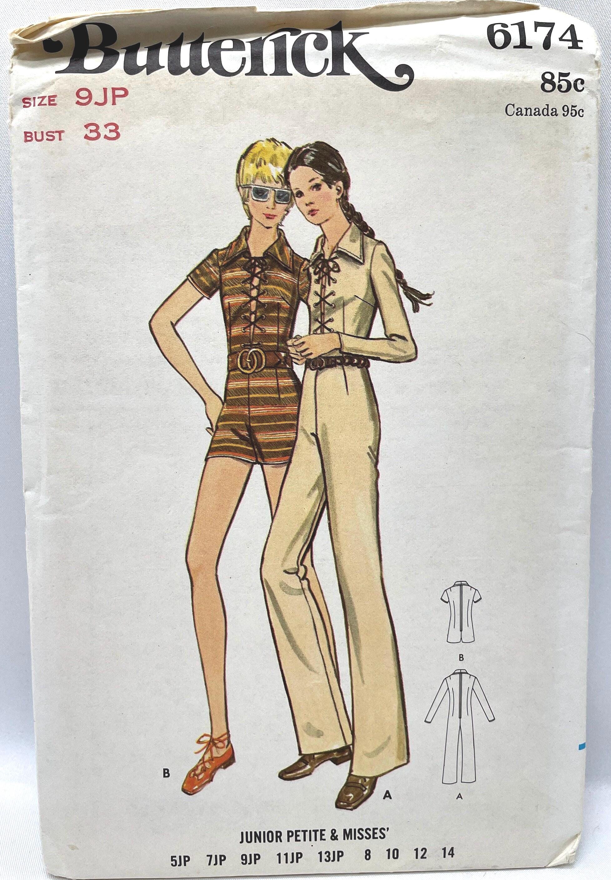 Butterick 6174 Vintage 1971 Sewing Pattern Juniors Front Laced Mini or Evening Length Jumpsuit Size 9JP Bust 33”  Uncut FF