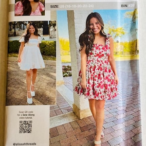 May include: A sewing pattern package featuring a woman in a floral dress. The package includes the text "knowME by Mimi G" and "SIZE US (16-18-20-22-24)". The package also includes a QR code for a sew-along video tutorial. The package is designed and printed in the USA.