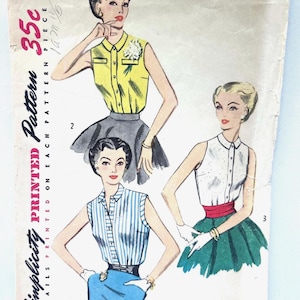 May include: Vintage Simplicity printed sewing pattern featuring illustrations of sleeveless blouses and skirts. The pattern includes a yellow blouse, a striped blouse, and a white blouse. The pattern is size 16, bust 34 inches. The price is 35 cents.