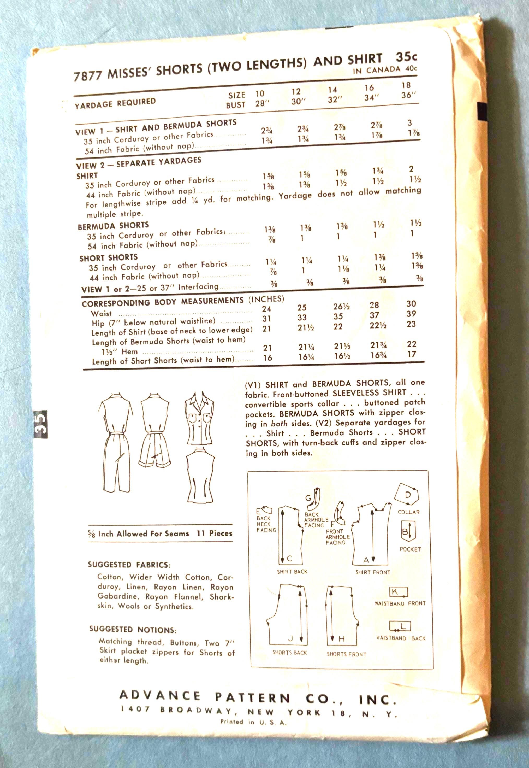 1956 Vintage Shirt and Bermuda Shorts Sewing Pattern: Advance 7877 Size ...