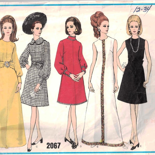Vogue 2067 Vintage 1969 Basic Design  Misses' One-Piece A-Line Dress Jewel Neckline  Size 12 Bust 34"  Cut Complete