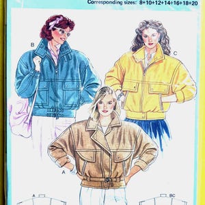 May include: A vintage Burda sewing pattern featuring three jacket designs in blue, yellow, and tan. The pattern includes European sizes 34-46 and corresponding US sizes 8-20. The Burda logo is in red.