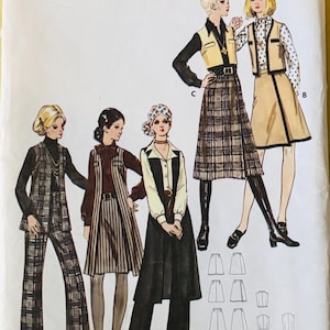 May include: Vintage Butterick sewing pattern 5949 featuring women's half-size clothing designs. The pattern includes illustrations of various outfits, such as skirts, pants, and vests. The size is 14 1/2, and the bust is 37 inches. The price is $1.00.