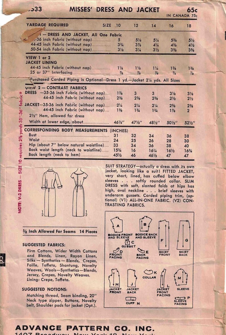Advance 8533 Vintage 1956 Sewing Pattern Misses Fitted Jacket - Etsy
