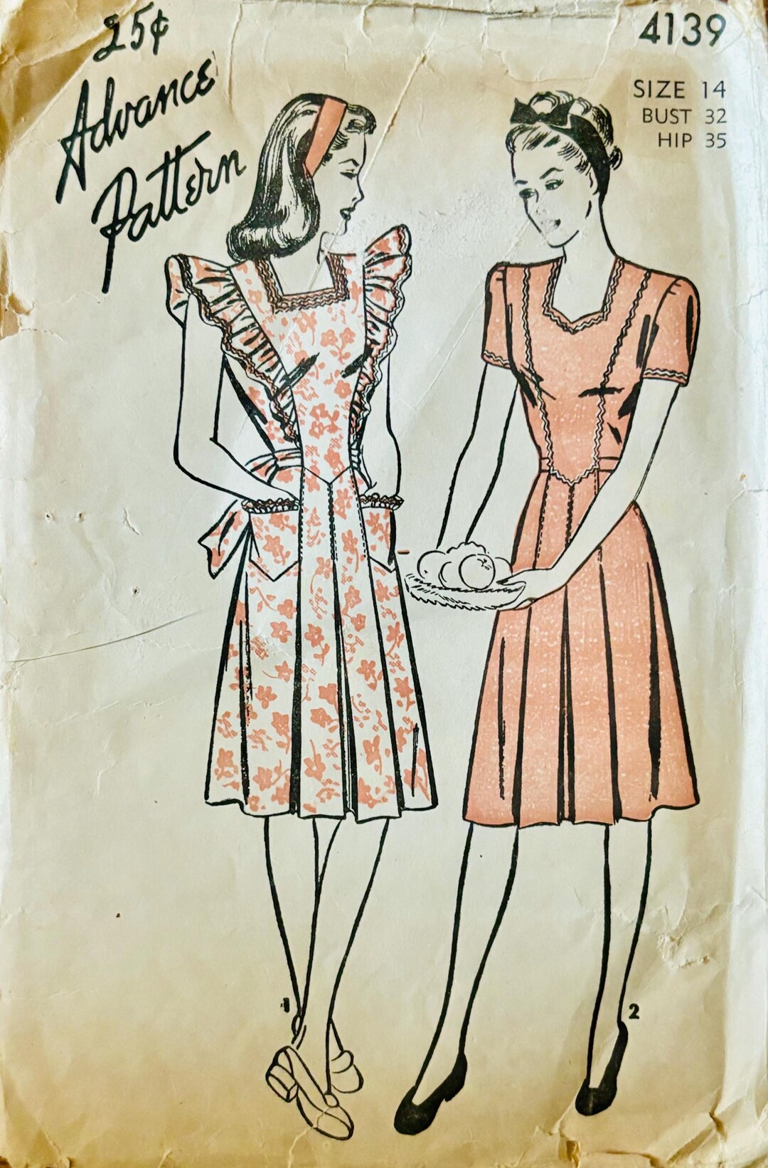 Advance 4139 One-piece Dress Princess Seams Ruffles Vintage 40s Sewing ...