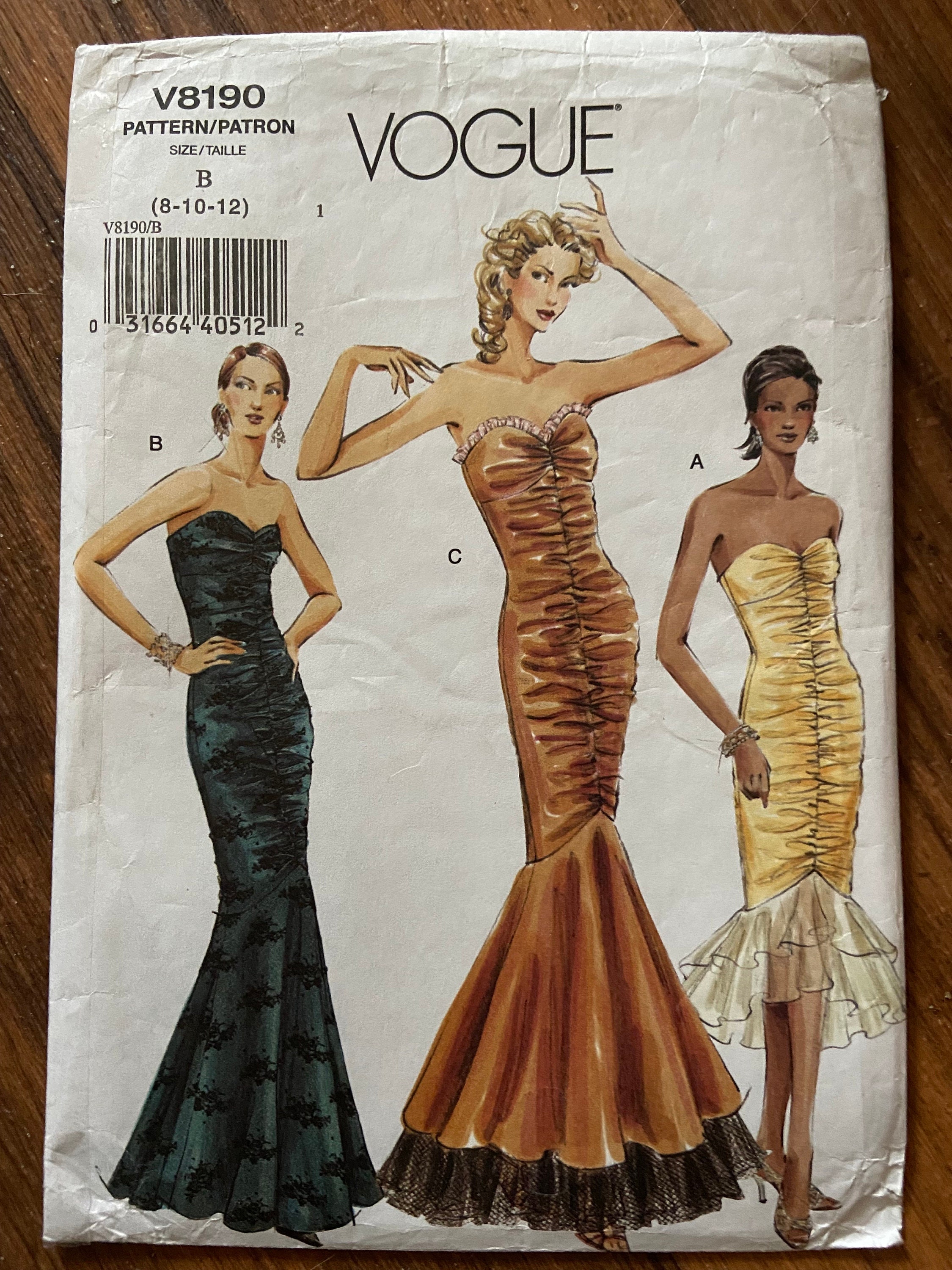 Vogue 8190 Sewing Pattern Misses' Mermaid Look Close-fitting Shirred Front  Strapless Evening Gown Size 8 10 12 Bust 31.5-34 Cut Complete - Etsy