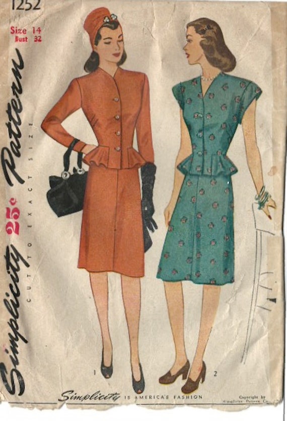 Vintage 1940's Sewing Pattern Simplicity 1252 2 Pi