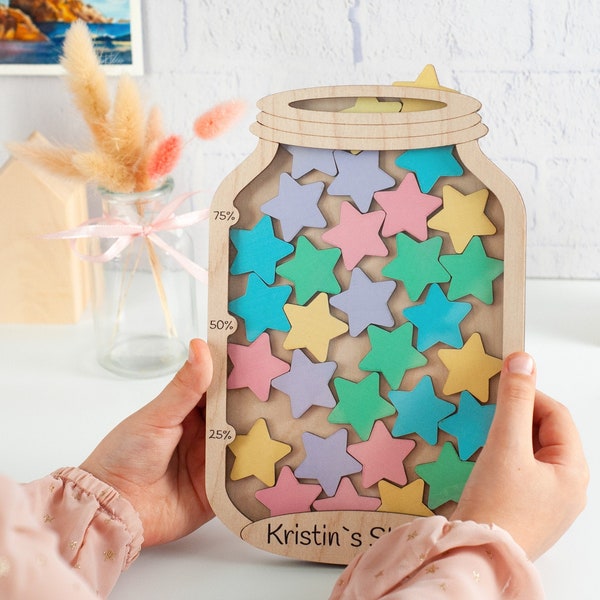 Personalized Reward Jar for Kids, Custom Star Jar with Tokens, Baby Shower Gifts, Reward System for Kid's Behavior, Wooden Jar with 30 stars