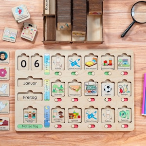 Verantwortungsvolle Holztabelle mit Karten, Tägliche Aufgabenliste für den Sohn, Routinen für Kinder, Tägliche Ziele Tabelle, Checkliste