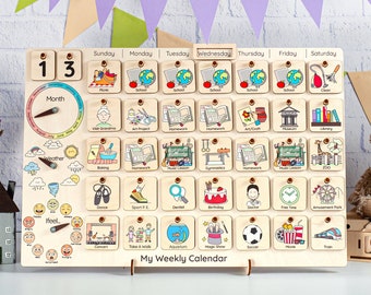 Schoolschema, houten montessori-weekkalender voor peuters, dagelijks schema voor kinderen