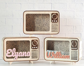 Personalized Wooden Piggy Bank for Kids, Custom Name Money Box, Toddler Cash Bank, Baptism Gift