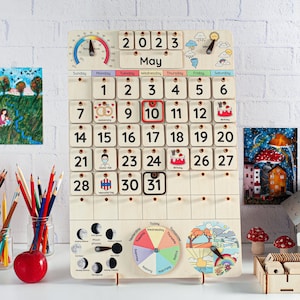 Montessori calendar, Wooden kids calendar, Classroom calendar, Toddler calendar, Waldorf calendar, Perpetual calendar, Learning wooden toys