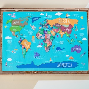 Back to School Gift - Wooden World Map Puzzle, Montessori Geography Toy for Kids image 9