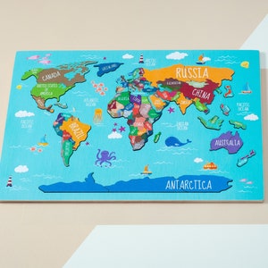 Back to School Gift - Wooden World Map Puzzle, Montessori Geography Toy for Kids image 3