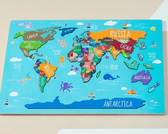 Gifts for kids World Map Puzzle for Kids, Montessori Puzzle, Wooden world map puzzle, Kids puzzle, Continent puzzle Geography for kids gifts