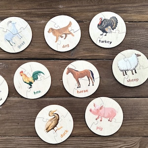 Lernspielzeug, Montessori-Spielzeug 2 Jahre alt, Montessori-Tierpuzzle, zweiteiliges Puzzle, Lernkarten aus Holz, Kleinkindpuzzle, Puzzle