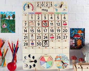 Calendario Montessori, Calendario para niños de madera, Calendario de aula, Calendario para niños pequeños, Calendario Waldorf, Calendario perpetuo, Aprendizaje de juguetes de madera