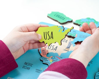 Wooden Map Puzzle for Toddler, World Map Puzzles for Kids, Educational Toy, Montessori Puzzle, Gift for Kids, Continent Geography for Kids