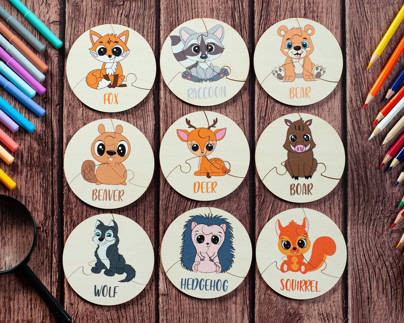 Wooden Animals Jigsaw Puzzle, Montessori toys, Educational Toys For Toddlers, Woodland animals, Wooden toys, Flash cards, 3 year old gift image 1