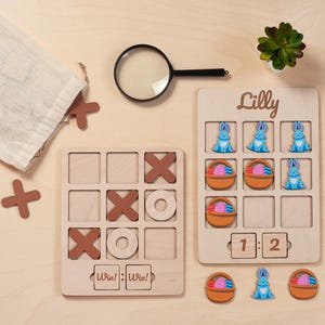 Montessori Tic Tac Toe Game, Wooden Learning Toy for Kids, Personalized Name Puzzle, Name Toy with Bunny, Educational Gift for Children
