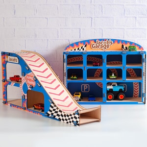 Personalized Jump Ramp, Toy Car Parking Garage, Name Garage for Boys, Montessori Toy Car Storage, Toddler Birthday Gift, Toy Garage Car Ramp