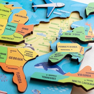 Hölzernes USA-Kartenpuzzle für Kinder, Karte der Vereinigten Staaten, Klassenzimmerdekoration, Kinderzimmerdekoration, Montessori-Geographie
