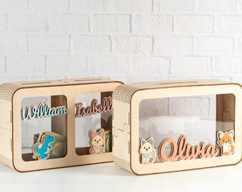Hucha de madera personalizada para niños, caja de dinero con nombre personalizado, hucha de madera de abedul, regalo de Navidad