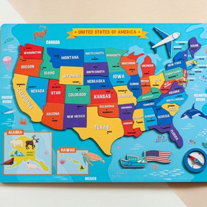 Helle, lehrreiche USA-Karte für Kleinkinder, USA-Karten-Puzzle, Geschenk für Kinder, Montessori-Spielzeug ab 2 Jahren, Lernen und Schule