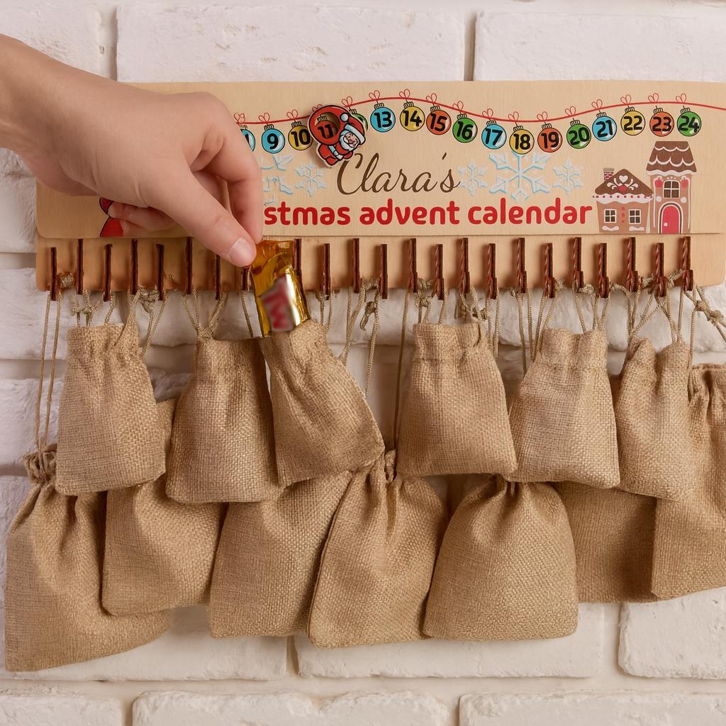 Kids Christmas Advent Calendar with Bags, Christmas Countdown, Hanging Advent Calendar, Wooden Family Advent Calendar, Christmas Activities