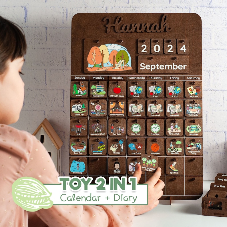 Personalized Montessori Calendar, Chore Chart for Kids, Daily Routine for Toddler, Advent Calendar, Calendar with Diary, Gifts for kids Dark Wood