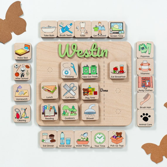 Tablero De Rutinas Diarias Para Niños De Madera - Con Caja De Almacenamiento, 14x11 Pulgadas, Horario Visual Para Casa Y Aula