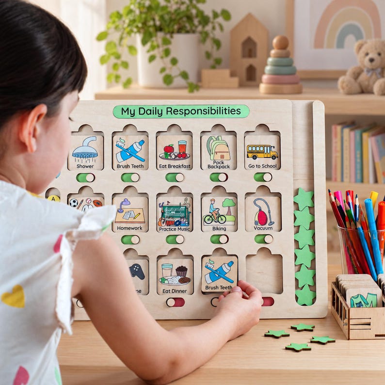 Puede incluir: Un tablero de tareas de madera clara titulado My Daily Responsibilities con filas de azulejos cuadrados que presentan ilustraciones coloridas de tareas como ducharse, cepillarse los dientes y hacer la tarea. Cada azulejo tiene un interruptor deslizante.